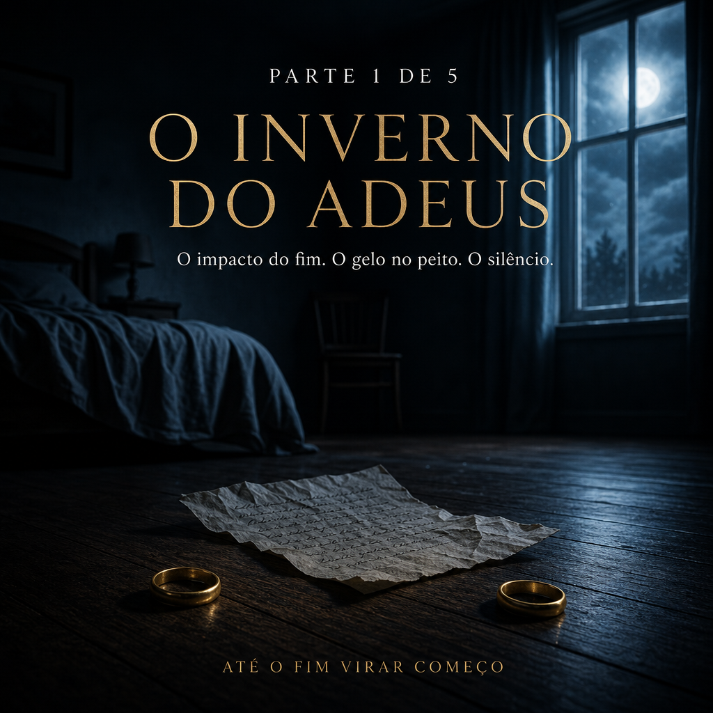 Quarto escuro ao luar com duas alianças e uma carta no chão